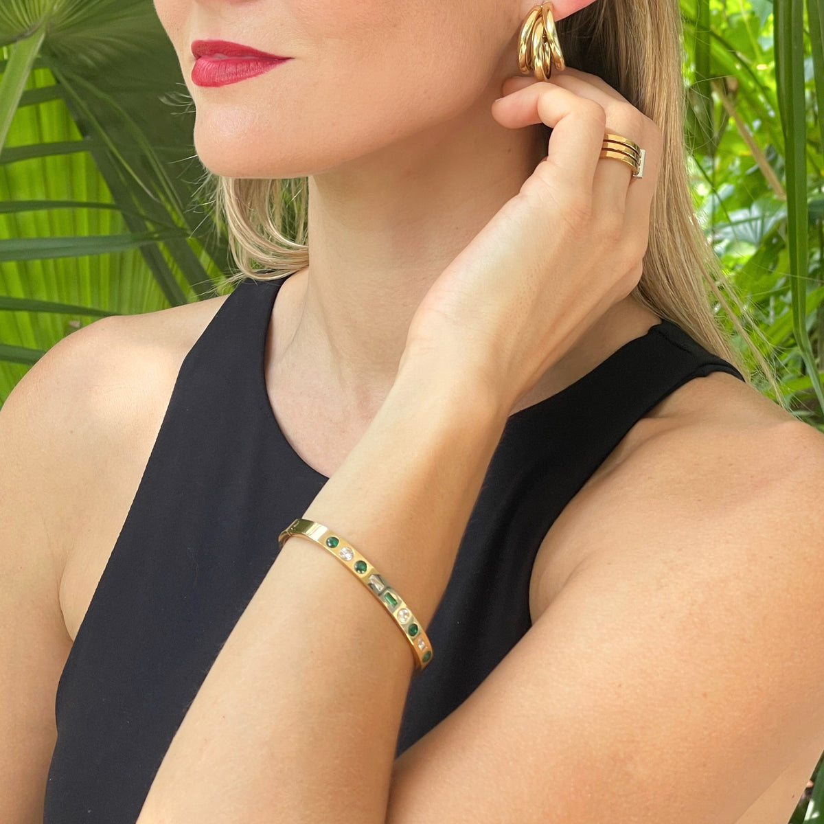 18K gold cuff bangle emerald stone  zirconia stone 14K gold hoop stainless steel gold ring water resistant  