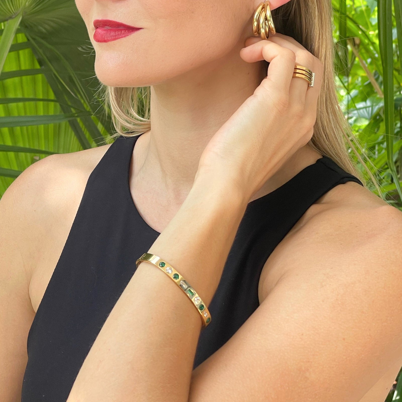 18K gold cuff bangle emerald stone  zirconia stone