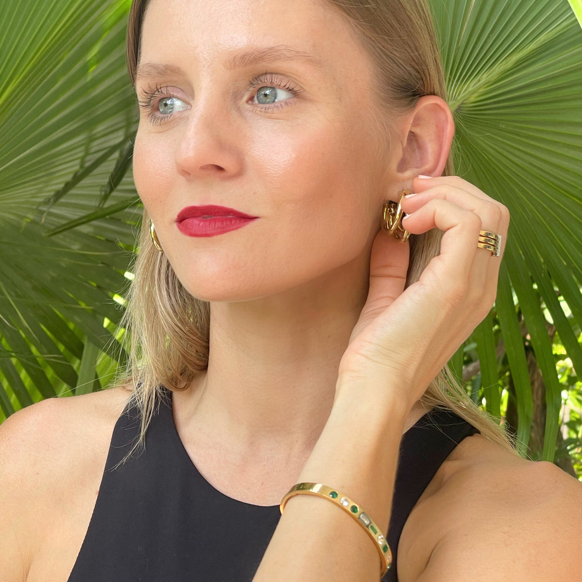 18K gold cuff bangle emerald stone zirconia stone 14K gold hoop stainless steel gold ring water resistant  gifts for her