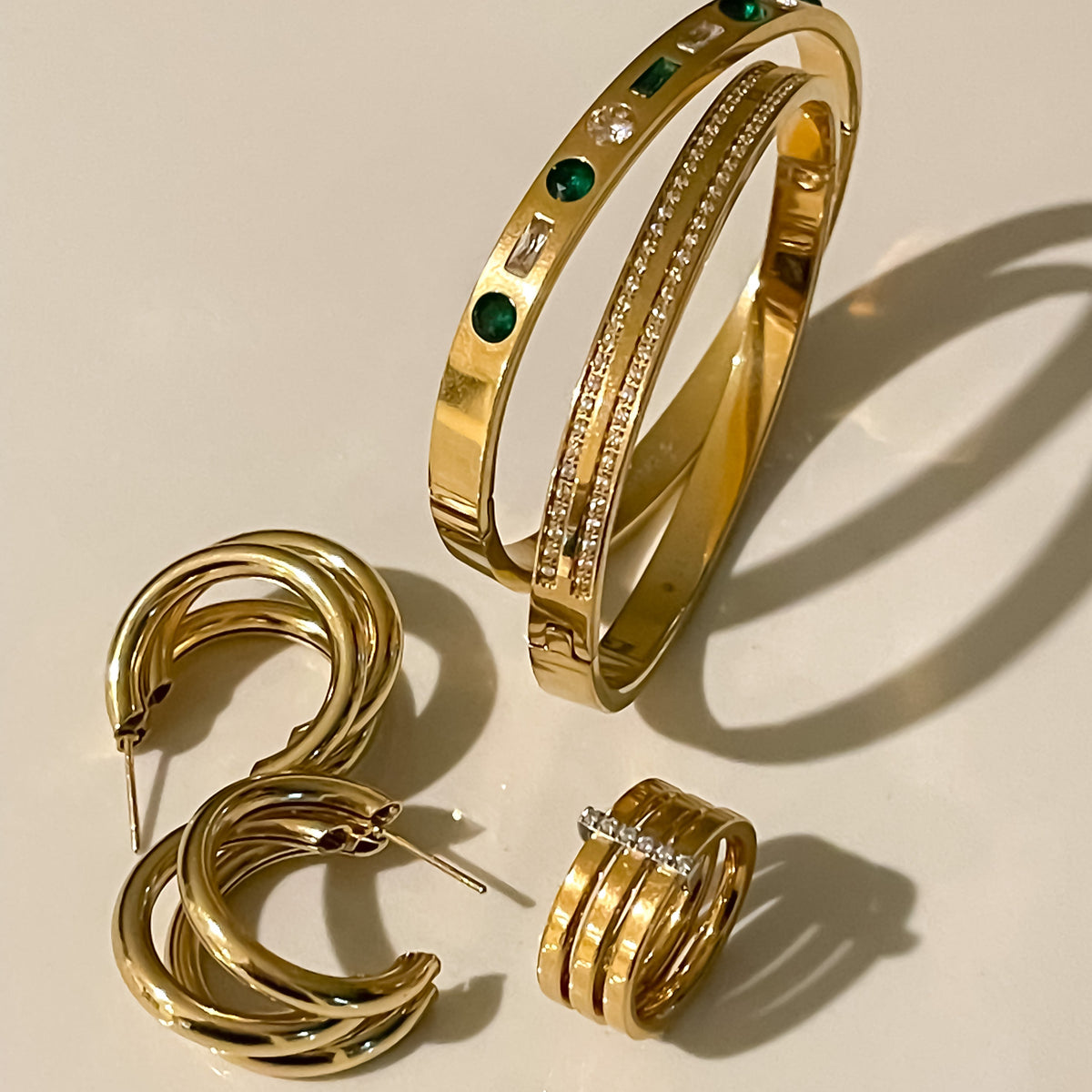 18K gold cuff bangle emerald stone  zirconia stone 14K gold hoop stainless steel gold ring water resistant  pave bangle