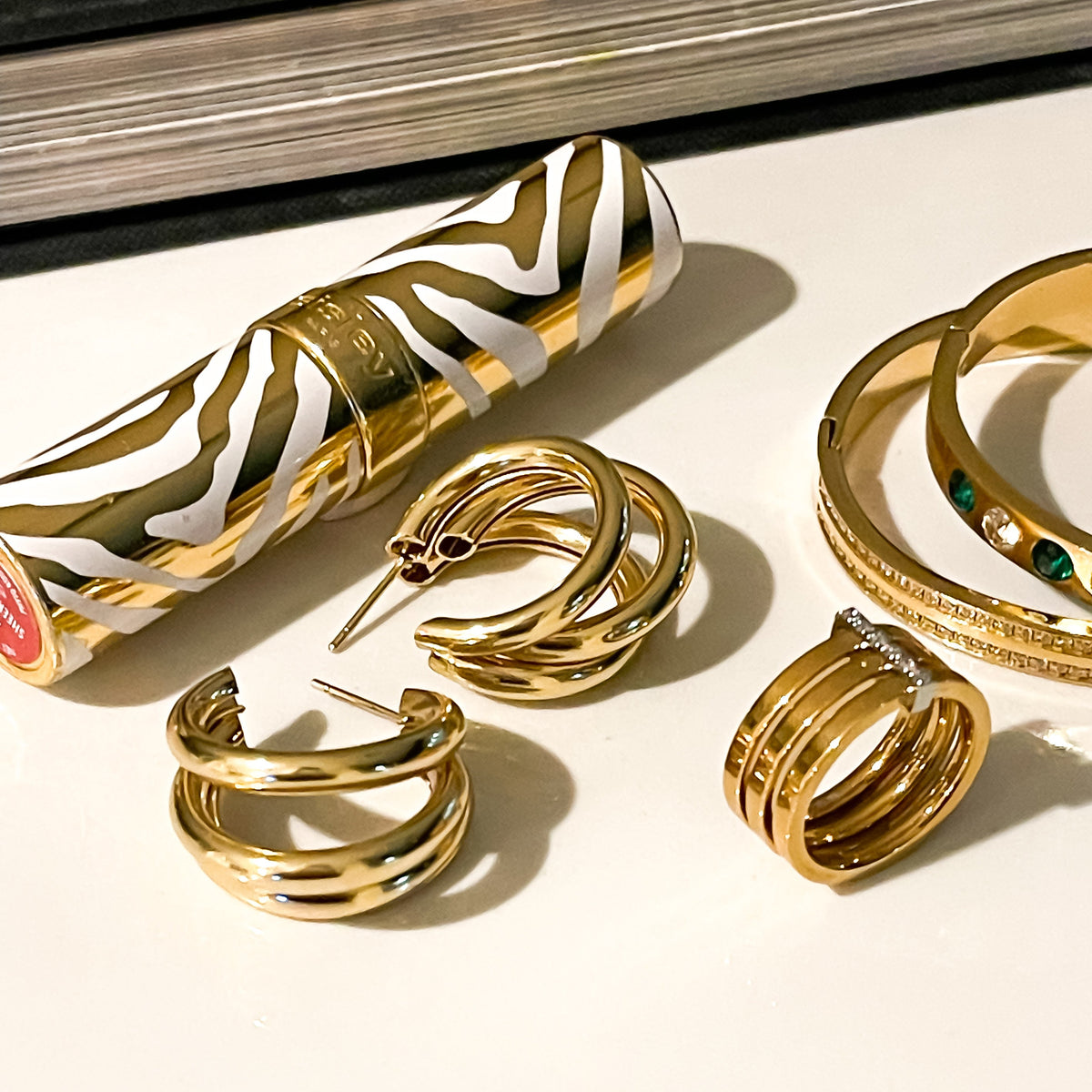 18K gold cuff bangle emerald stone  zirconia stone 14K gold hoop stainless steel gold ring water resistant  pave bangle sisley red lipstick
