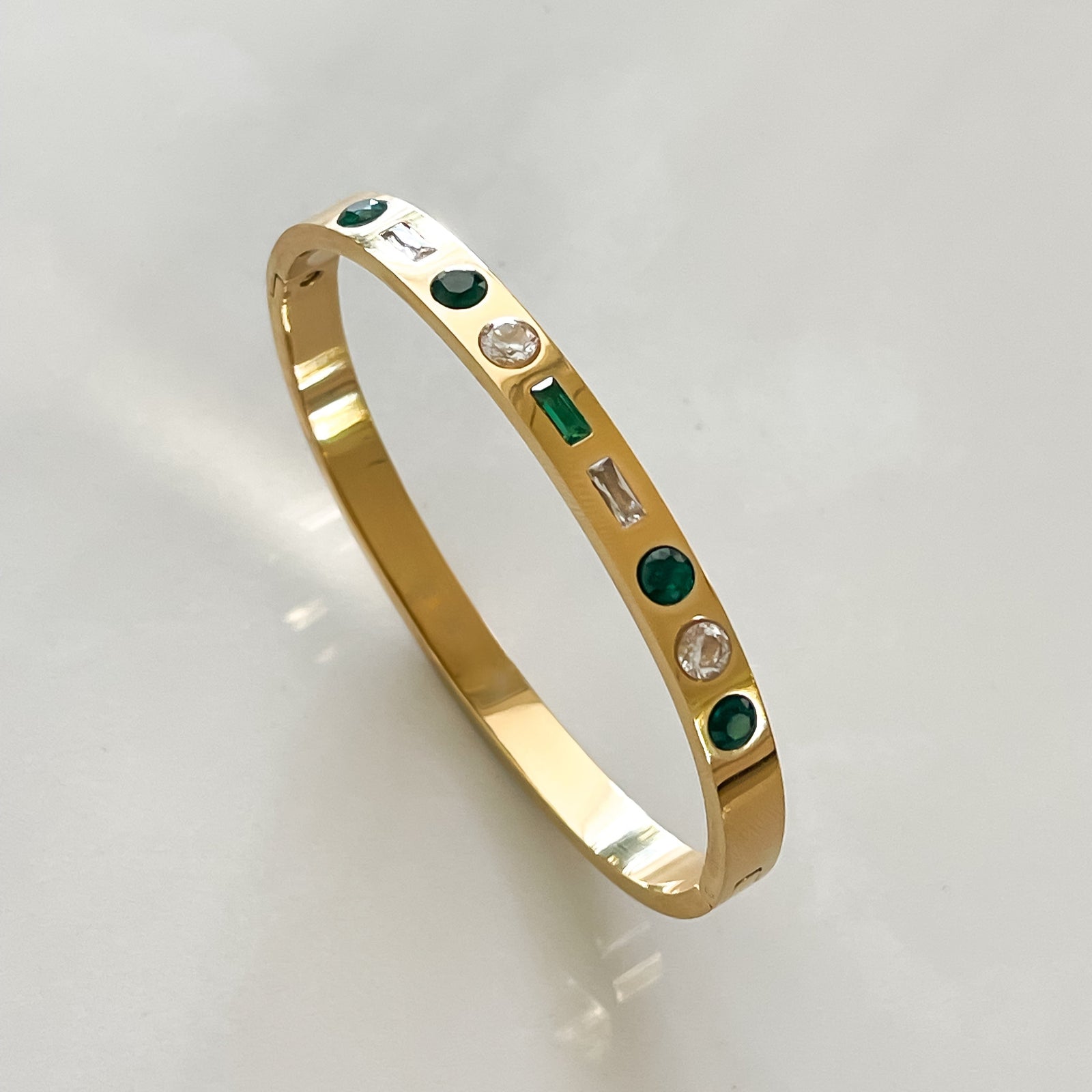 18K gold cuff bangle emerald stone  zirconia stone