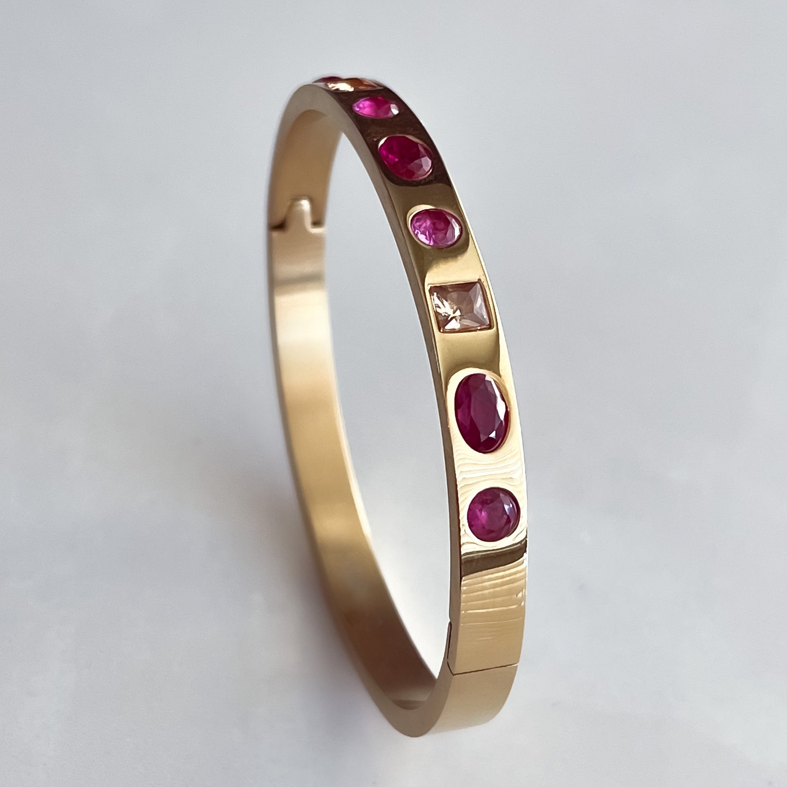 18K gold cuff bangle magenta pink zirconia stone crystal jewelry  stainless steel water resistant  giftable jewelry