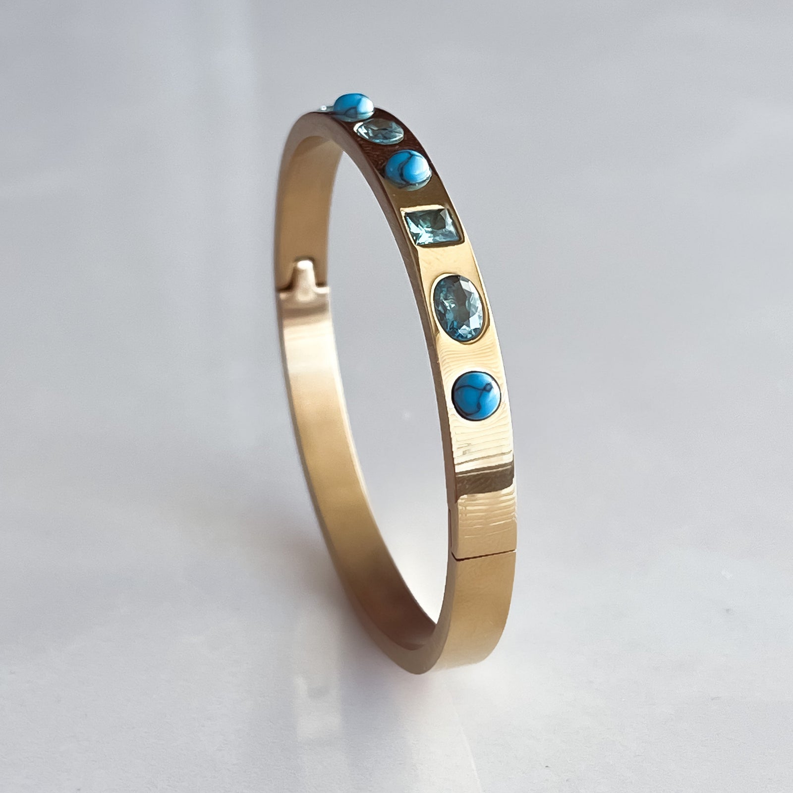 18K gold cuff bangle turquoise stone  zirconia stone crystal jewelry
